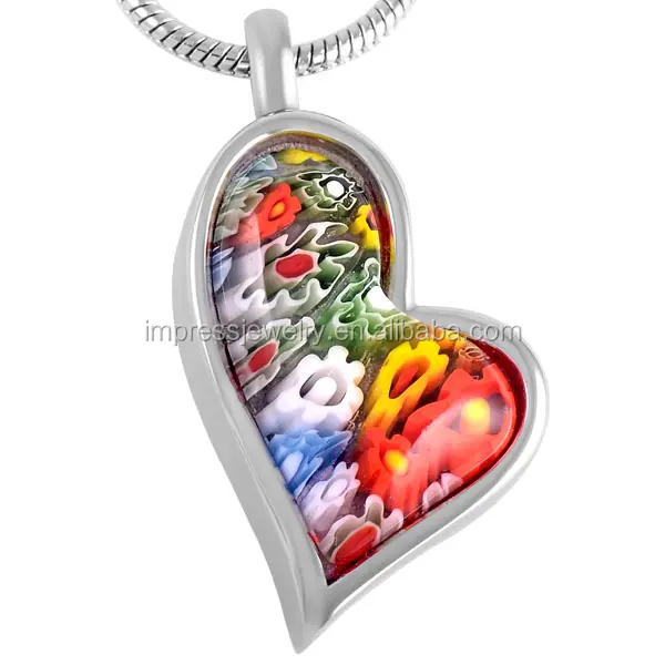 IJD8548 Hot-selling Colorful Pattern Art Heart Shaped Cremation Pendant Necklace Cremation Urn Keepsake Stainless Steel Jewelry