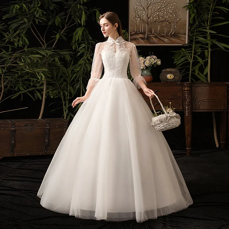 جميلة أنيقة عالية الرقبة نصف كم الطابق طول الكرة ثوب الزفاف 2019 جديد فستان زفاف