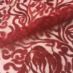 fashion red color machine embroidery tulle fabric all over embroidery designs for dresses or clothing