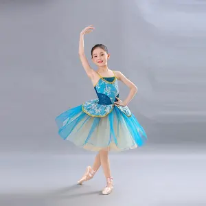 Ropa de baile con flores bordadas estilo de corte falda de tutú azul traje de baile de espectáculo de lentejuelas doradas