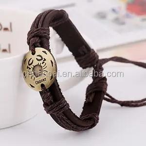 Brons Lichtmetalen Gespen 12 sterrenbeelden Armband Punk Lederen Zodiac Armband Handgemaakte Henneptouw PU Charm Sieraden