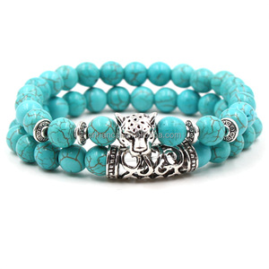 Braccialetto Yoga in Pietra Naturale Turchese con Buddha, Teschio di Leopardo, Drago, Leone, Gufo, Cane, Zampa, Corda Elastica per Uomo e Donna - Product Image 2