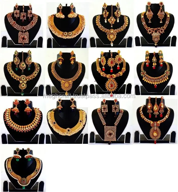 Perhiasan Polki Kundan India-Perhiasan Pengantin India Antik-Perhiasan Emas Satu Gram-Set Perhiasan Berlapis Emas Grosir