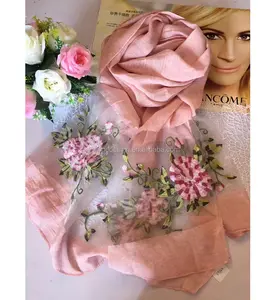 最新の夏の完璧な刺繍花ユニフォームドレスアクセサリーヒジャーブショールマスカダ女の子卸売シルクコットンスカーフ