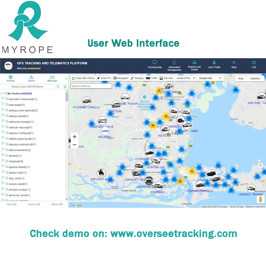 Platform Pemantauan Perangkat Lunak Pelacak Gps Mobil, Web dan APP Tidak Terbatas 2G 3G 4G 5Meter Netral Menjaga 24H/7D Myrope