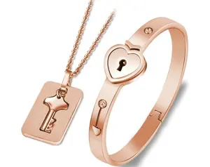 Fashion Stainless Steel Meaning Jewelry Couple Bangle Bracelet Love Lock And Key Necklace