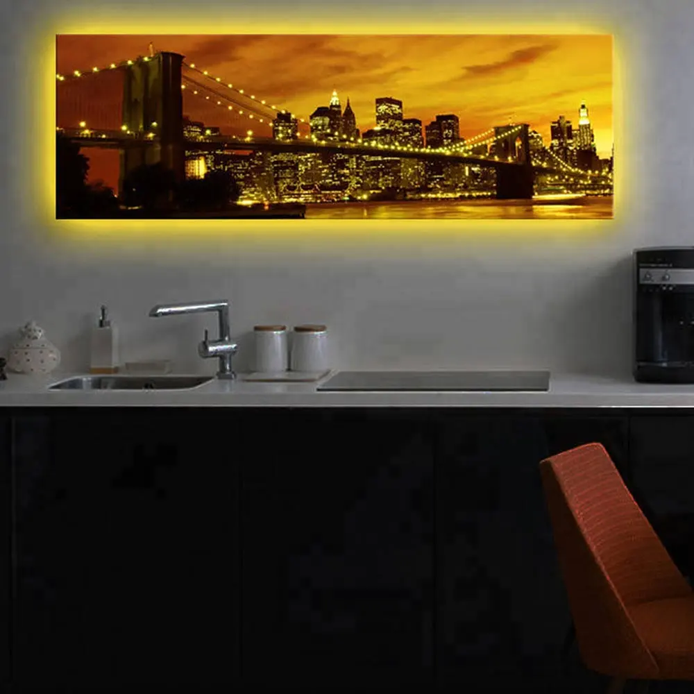 Led muur foto schilderij canvas met led Brooklyn Bridge city night kunst licht up decor kunstwerk gedrukt frame woonkamer