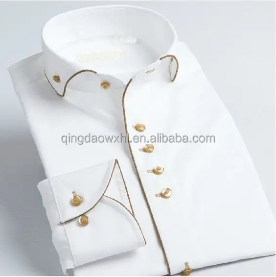 Camisa masculina personalizada do branco do fornecedor qingbao novo design elegante com aparas douradas e botões