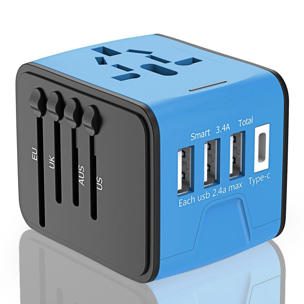 Newest design smart USB port electrical plugs socket charger universal adaptor with Type-C 3 USB port travel adapter