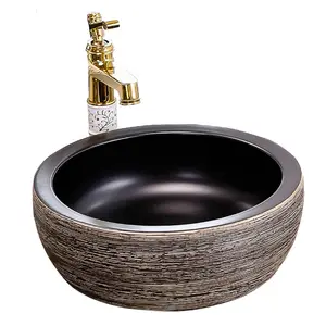 Atacado tambor banheiro-Chinês vitrificado forma de tambor bacia cerâmica preto com cinza pia do banheiro redonda