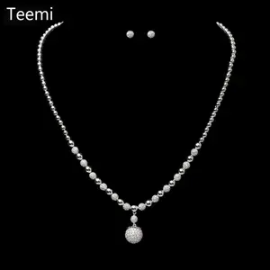 Teemi 低价批发豪华小立方氧化锆微铺水晶球串珠女性耳环项链套装