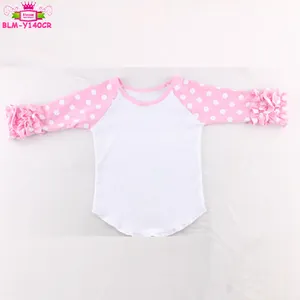 트리플 프릴 라글란 슬리브 서클 헴 셔츠 도매 어린이 소녀 폴카 도트 탑스 티셔츠