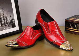 Zapatos de vestir de estilo coreano para <span class=keywords><strong>hombre</strong></span>, mocasines de cuero rojo con punta puntiaguda de Metal, NA046 - Product Image 3