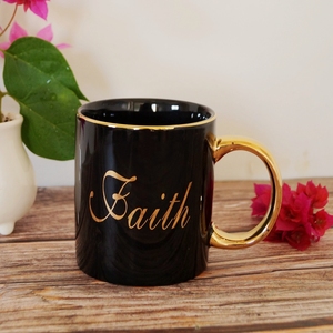 Taza <span class=keywords><strong>de</strong></span> <span class=keywords><strong>café</strong></span> <span class=keywords><strong>de</strong></span> cerámica con esmalte negro, venta al por mayor, <span class=keywords><strong>fe</strong></span> dorada - Product Image 2