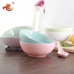 WKTB180 Tanah Liat Warna Polos Chaozhou Mangkuk Sereal Nasi Mie Sup Timbul Keramik Porselen Pernikahan