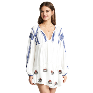 Brand Designed <strong>White</strong> Embroidery Blouse <strong>Dress</strong> <strong>for</strong> <strong>Women</strong> <strong>Plus</strong> <strong>Size</strong> A-Line Casual Lantern Sleeves Deep V-Neck Natural Waistline - Product Image 1