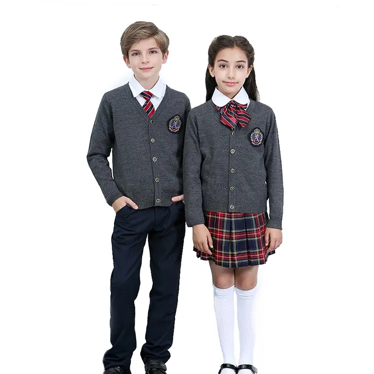 OEM Custom School Sweater Unisex British Style Knitting Cardigan Kids Sweater 100% Cotton Primary School Uniform Designs
