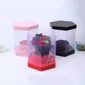 Kotak Plastik Transparan Bunga Mawar Segi Enam, Kotak Hadiah Tong Bunga