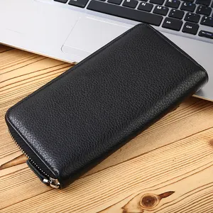 TIDING Custom Black Pebble Cow Leather Zip Around Clutch Large Long Travel Purse Wallet
