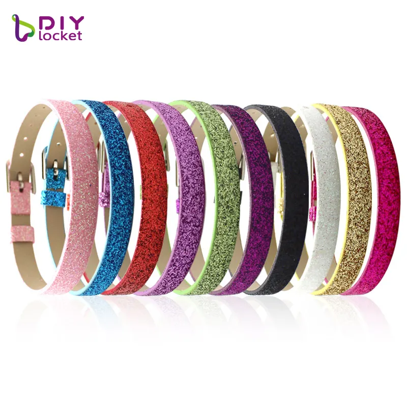 Wholesale Pu Leather Glitter Bracelets Diy Personalized 8mm Wristband With Slide Letter Charm , Bulk Custom Bracelet