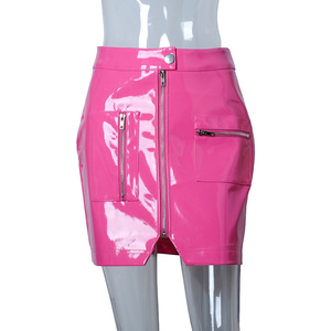 Nouvelles jupes en <span class=keywords><strong>cuir</strong></span> PU rose, jupes sexy d'été pour femmes, fines, fendues, avec fermeture éclair et bouton métallique, mini-<span class=keywords><strong>jupe</strong></span> - Product Image 4