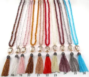 Fashion Women Statement Necklace Bohemian Jewelry Long Knotted 8mm Crystal Glass beads Crystal Link Tassel Necklaces