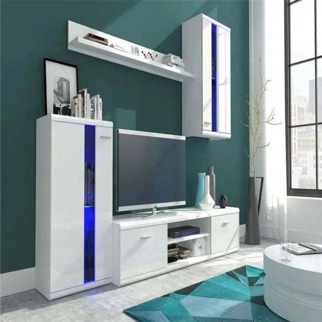 Ensemble de meubles de salon avec éclairage LED de différentes couleurs modernes, meuble d'exposition en verre, étagère de meuble TV