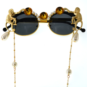 <span class=keywords><strong>Lunettes</strong></span> <span class=keywords><strong>de</strong></span> <span class=keywords><strong>soleil</strong></span> <span class=keywords><strong>de</strong></span> marque en métal pour femmes, punk Lady, doré <span class=keywords><strong>singe</strong></span> Baroque, monture léopard, chaîne en métal, perles rondes, pour la plage - Product Image 6