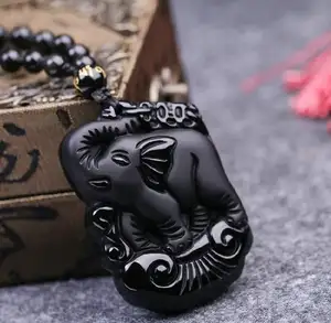Natural Black Obsidian Pendant Elephant Lucky Pendants Black Stone Necklace Pendant men jewelry