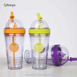 Ronya — gobelet en plastique à Double paroi, 560ml, pour jus de fruits à orange, avec couvercle et paille, arrondi