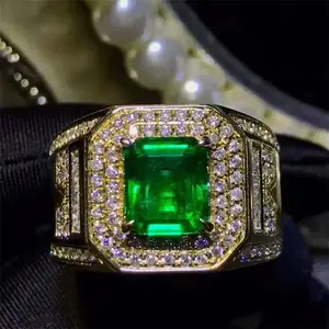 专业宝石首饰厂18k南非真钻石阿富汗2.9ct自然vividgreen祖母绿戒指男士