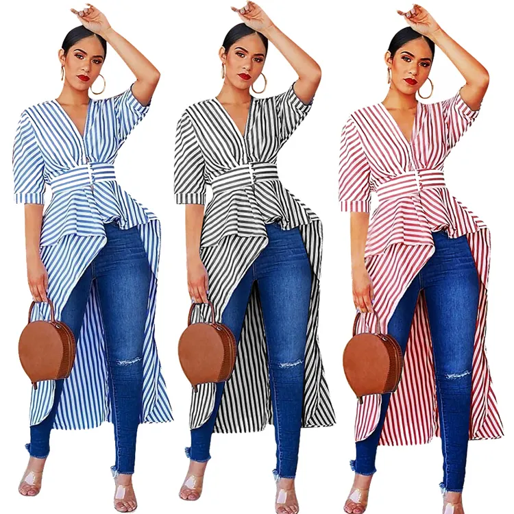 summer irregular design short sleeve elegant ladies striped dress casual women long blouse shirt