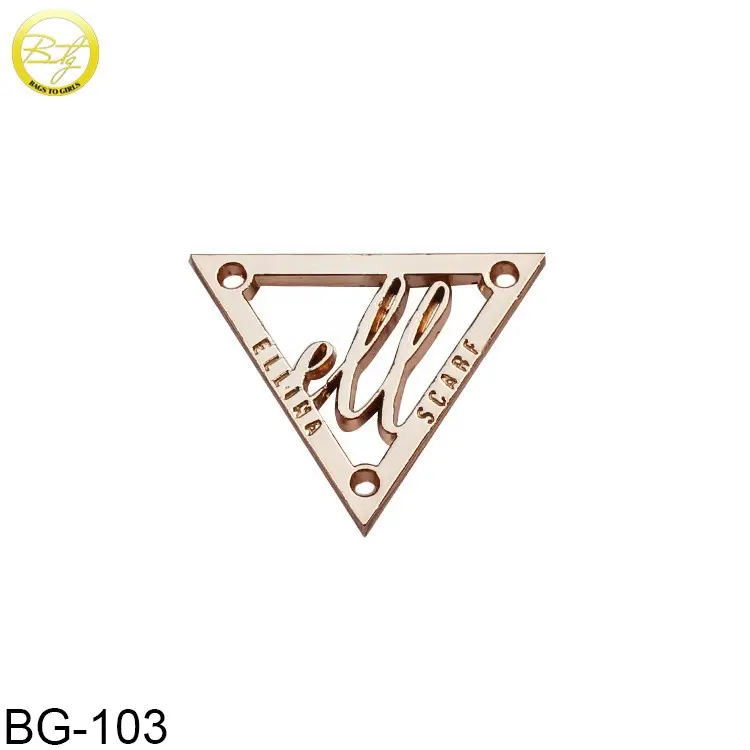 Custom triangle logo metal label accessory gold plated clothing metal brand abaya tags for bikini