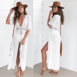 Bán Buôn Phụ Nữ Ren Dài Dress Trắng Bikini Beachwear Bãi Biển Sexy Dệt Kim Che Lên