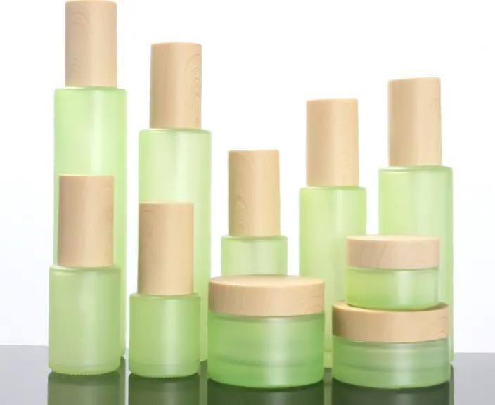 Прозрачная зеленая матовая стеклянная банка для крема с бамбуковым узором, пустой стеклянный контейнер для крема для глаз, косметическая упаковка, 30 мл, 50 мл, 100 мл