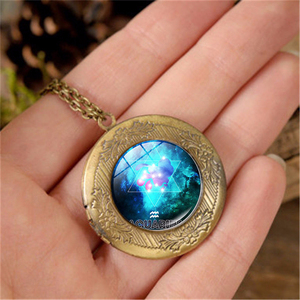 12 símbolo del zodiaco foto caja Locket colgante collar vintage oro cristal colorido acuario Piscis Escorpio signo Locket collar - Product Image 4