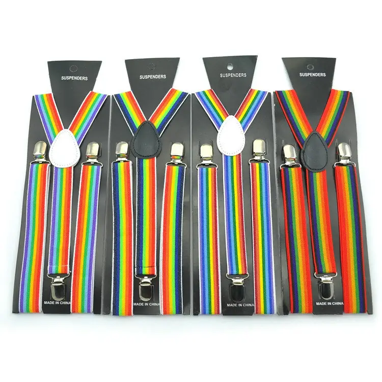 Grosir Klip Unisex Pada Kawat Gigi Elastis Kustom Tujuh Warna Pola Garis Y Punggung LGBT Pelangi Suspender