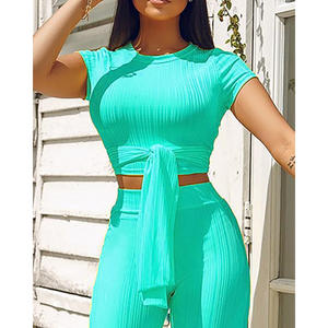 Women Polyester Solid Knot Front Crop Top &amp; Wide Leg Pants Sets Top <strong>Short</strong> <strong>Sleeves</strong> <strong>Shirt</strong> &amp; Long Pant Sets Prom Two Piece Sets - Product Image 4