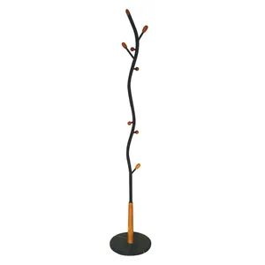 WEIJIEDA Black Metal Walnut Wood Hall Tree Coat Hat Rack Wood Coat Stand