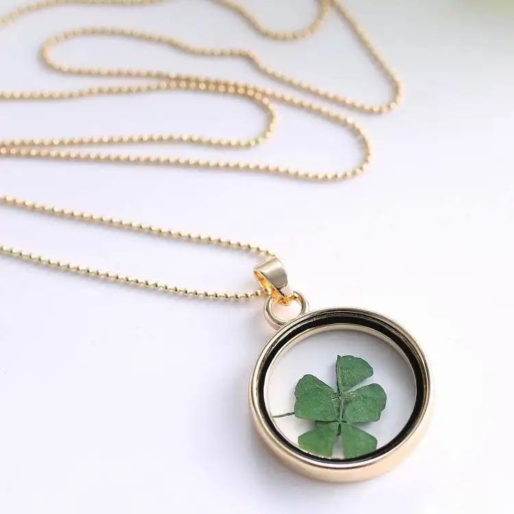 Nieuwkomers Handgemaakte Glazen Ketting Droog Real Klavertje Vier Dome Ketting Vrouwen Ketting Zomer Meisje Cool Sieraden