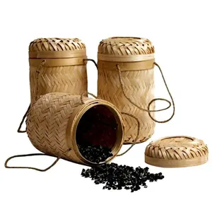 Cesta de bambu com tampa para prender café, cesta de bambu