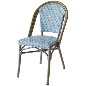 Modern Stackable Light Blue French Restaurant <strong>Wicker</strong> Aluminum Frame Dining Furniture <strong>Outdoor</strong> Garden Cafe Rattan Bistro <strong>Chairs</strong> - Product Image 1