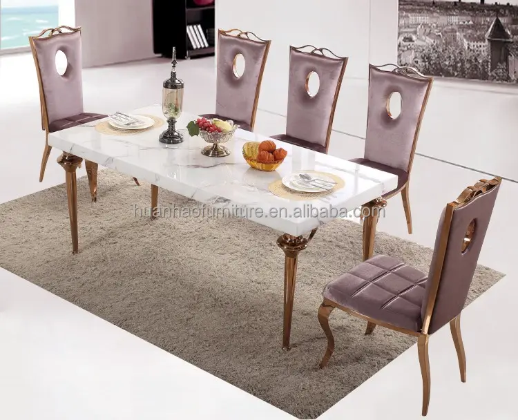 Kullanılan yemek odası mobilyası satılık lüks mermer gül altın metal bacaklar/ana yemek masası seti