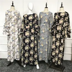 Latest Fashion Umbrella Ruffle Sleeve floral Printing Thick Wedding Gown Lehenga Bridal Crochet Kaftan Muslim Bodycon Dress