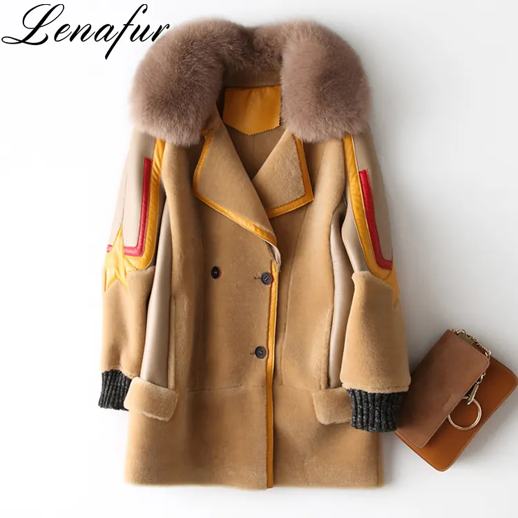 Women Elegant Warmer Lamb Sheep Fur Leather Shearling Jacket Coat with Fox Fur Collar