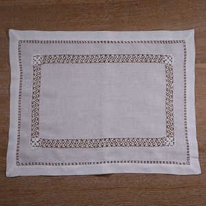 N011: White <strong>Linen</strong> <strong>Placemats</strong> With Drawnwork White Handmade Embroidery Place Mat Rectangular Tableware Mat - Product Image 2