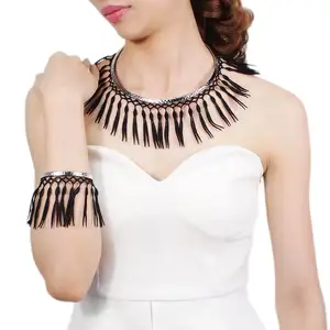 HANSIDON 波西米亚黑色流苏声明 Torques 珠宝套装民族风格项链项链手链套装派对配件