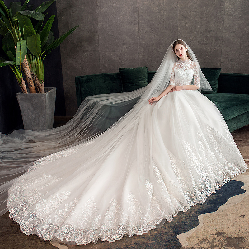 chinese dress ladies 3/4 Length Sleeve V-Neck Lace Wedding Dress with Embroidery – HAREM's Brides