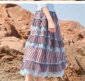 High Quality <strong>Plus</strong> <strong>Size</strong> Casual Ladies Striped Ruffles Lace 100% Polyester Long <strong>Maxi</strong> <strong>Skirt</strong> - Product Image 2