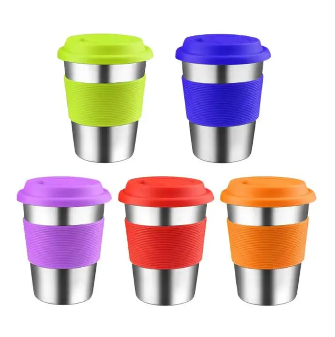 Vasos de acero inoxidable irrompibles con tapas de silicona para niños y adultos, vasos de Metal irrompibles de 12OZ